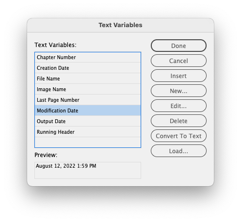 Default Adobe InDesign Text Variables